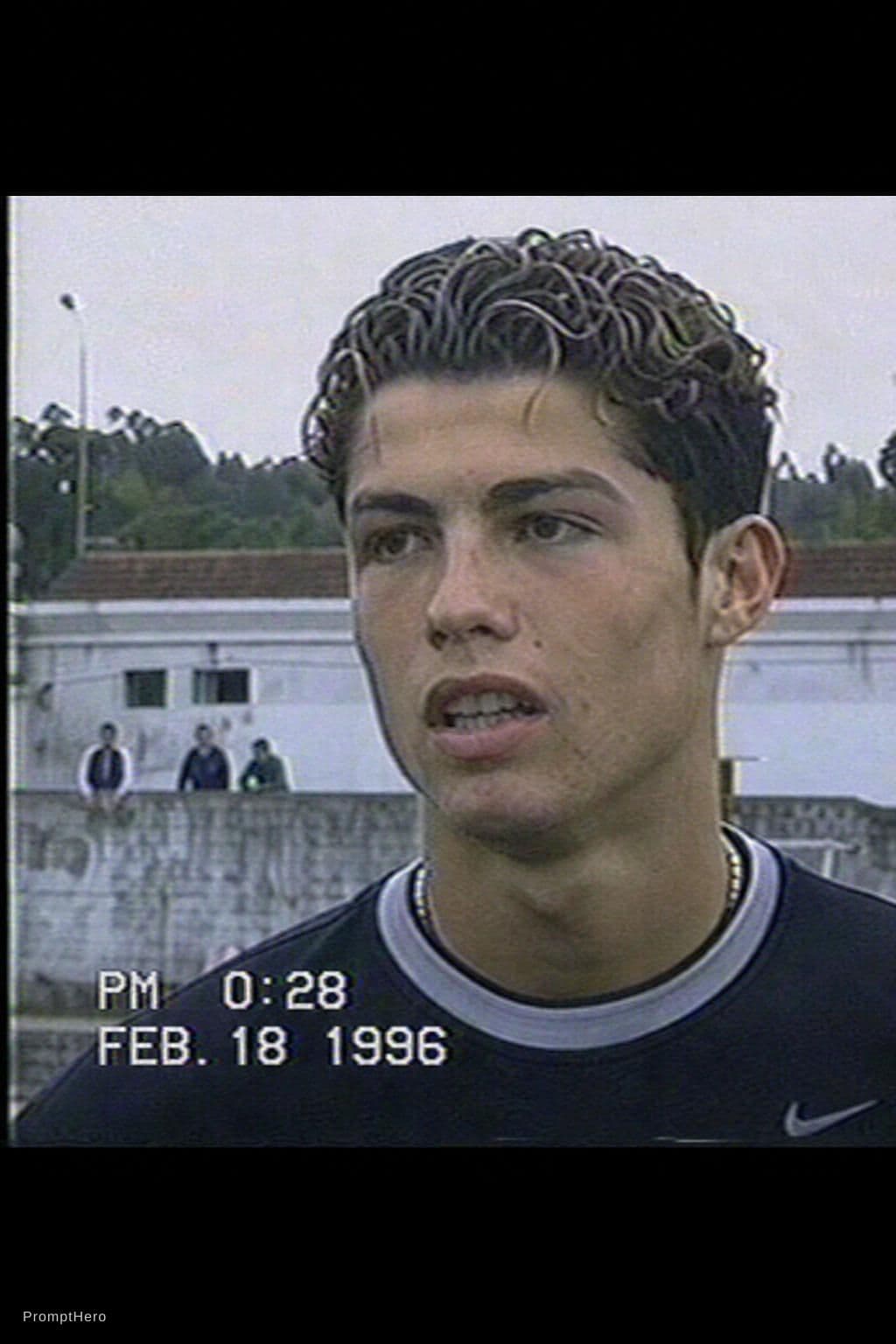 AI generated: Image of Cristiano Ronaldo from a VHS camcorder recorder in a highschool in Feb of 1996. Same grain ...