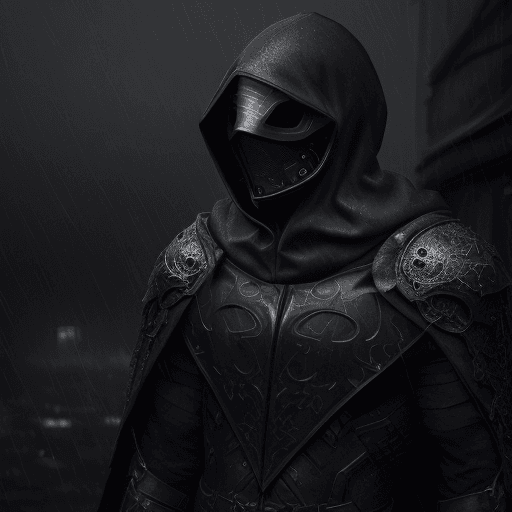 AI generated: masked man, dark torn hood, dark rainy foggy night, intricate dark and chrome, damaged armor, smoke ...