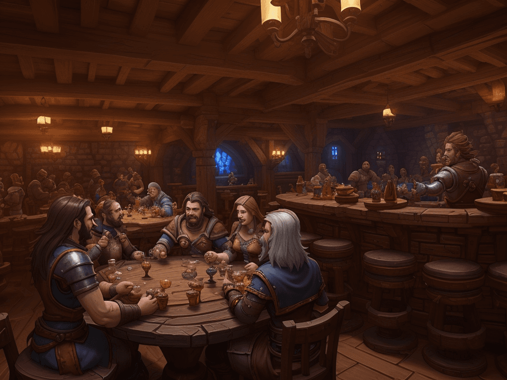 AI generated: inside medieval tavern, video game, guests around tables, playing role game, d20, hearthstone theme,...