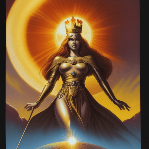 AI generated: the sun on a beautiful day with the golden crown, epic, pulp art, fantasy magazine, circa 1978