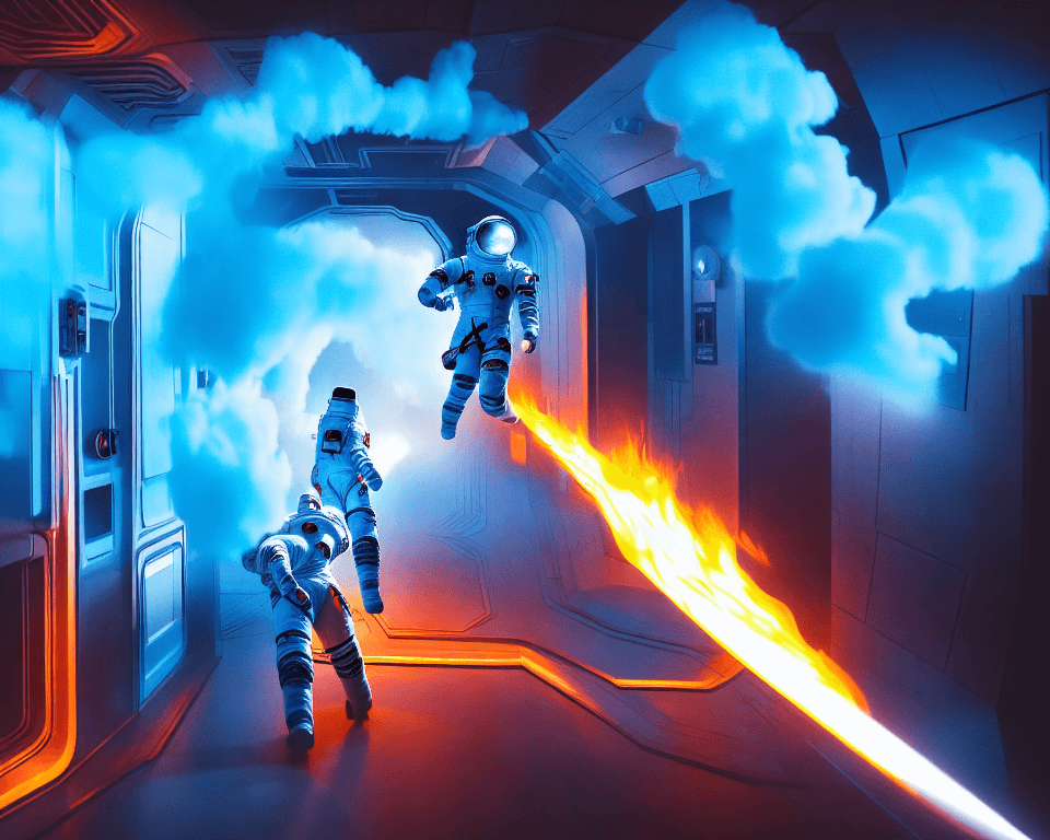 AI generated: two   astronauts are  running wild in a futuristic corridor in a spaceship. the room is full of fire...