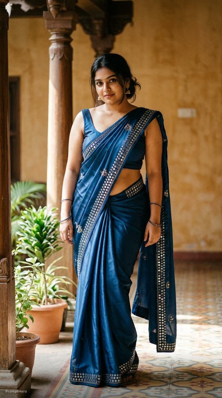AI generated: Tamil girl. modern sexy glossy mirror saree, wearing saree saree saree model. glossy mirror saree Na...