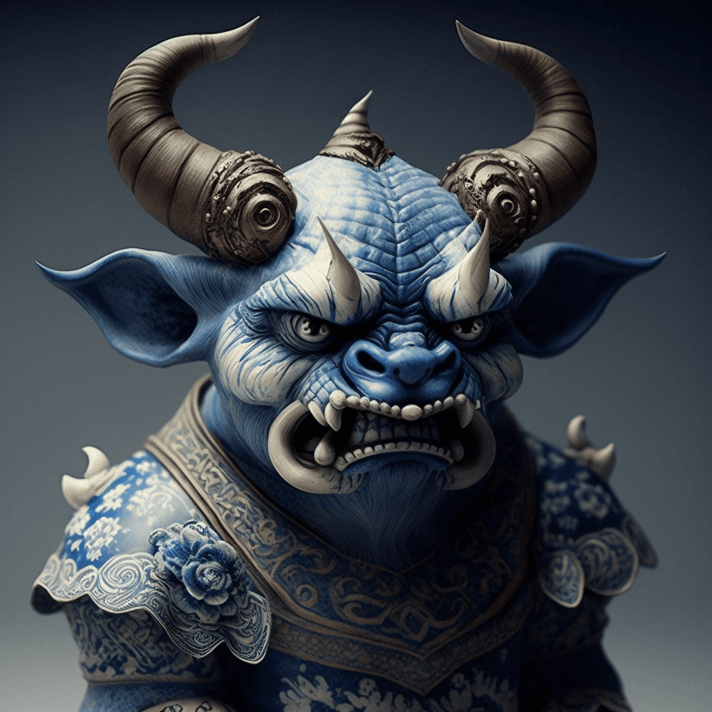 AI generated: fantastic half body golem, angry, teeth, big eyes, bull horns, goblin ears made of blue and white ch...