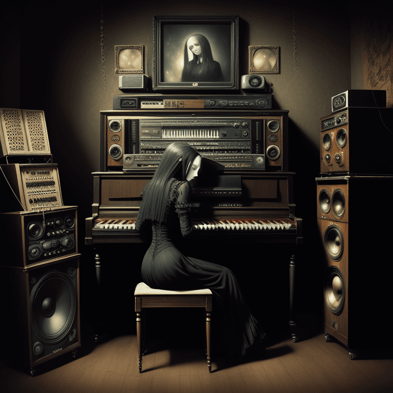 AI generated: music Album cover picture, gothic, surreal art, oil picture, radio, speaker, computer, piano, organ,...