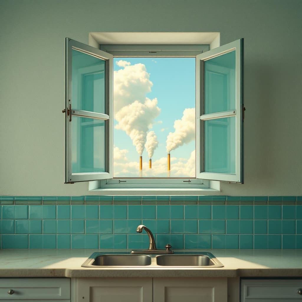 AI generated: A front wall with vintage turquoise kitchen tile in the background.
On that wall, in the upper half ...