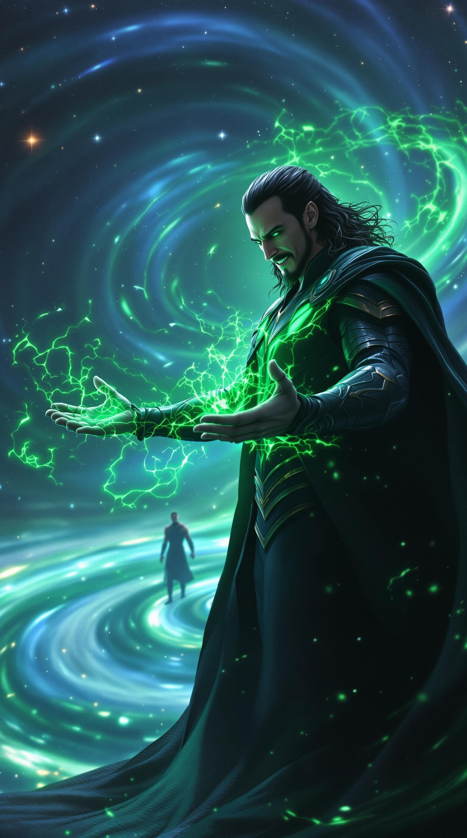 AI generated: First-person POV, Loki’s hands outstretched, fingers tingling with power as he stands at the edge of...