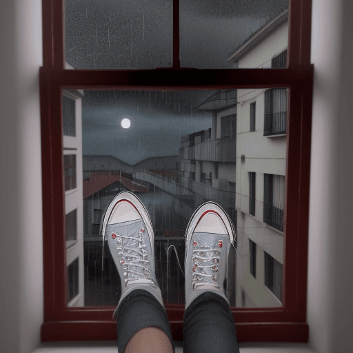 AI generated: piernas con zapatos converse rojas arrecostadas a una ventana viedo la luna y la lluvia caer, imagen...