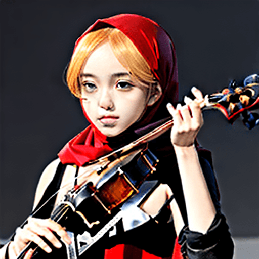 AI generated: A music band with a guy baterist a guy guitar a guy piano a guy violin and a singer girl with Red hi...