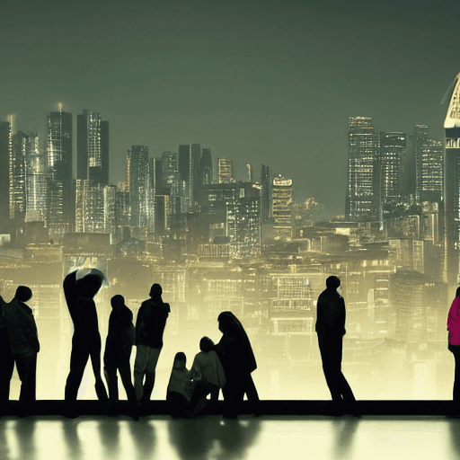 AI generated: photograph of 10 adults young and old, men and womens,  standing on a hospital roof, silhouetted by ...