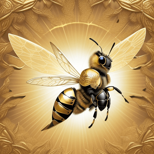 AI generated: Photograph of a The bee as a legendary hero, wearing a golden, intricately carved armor that shines ...