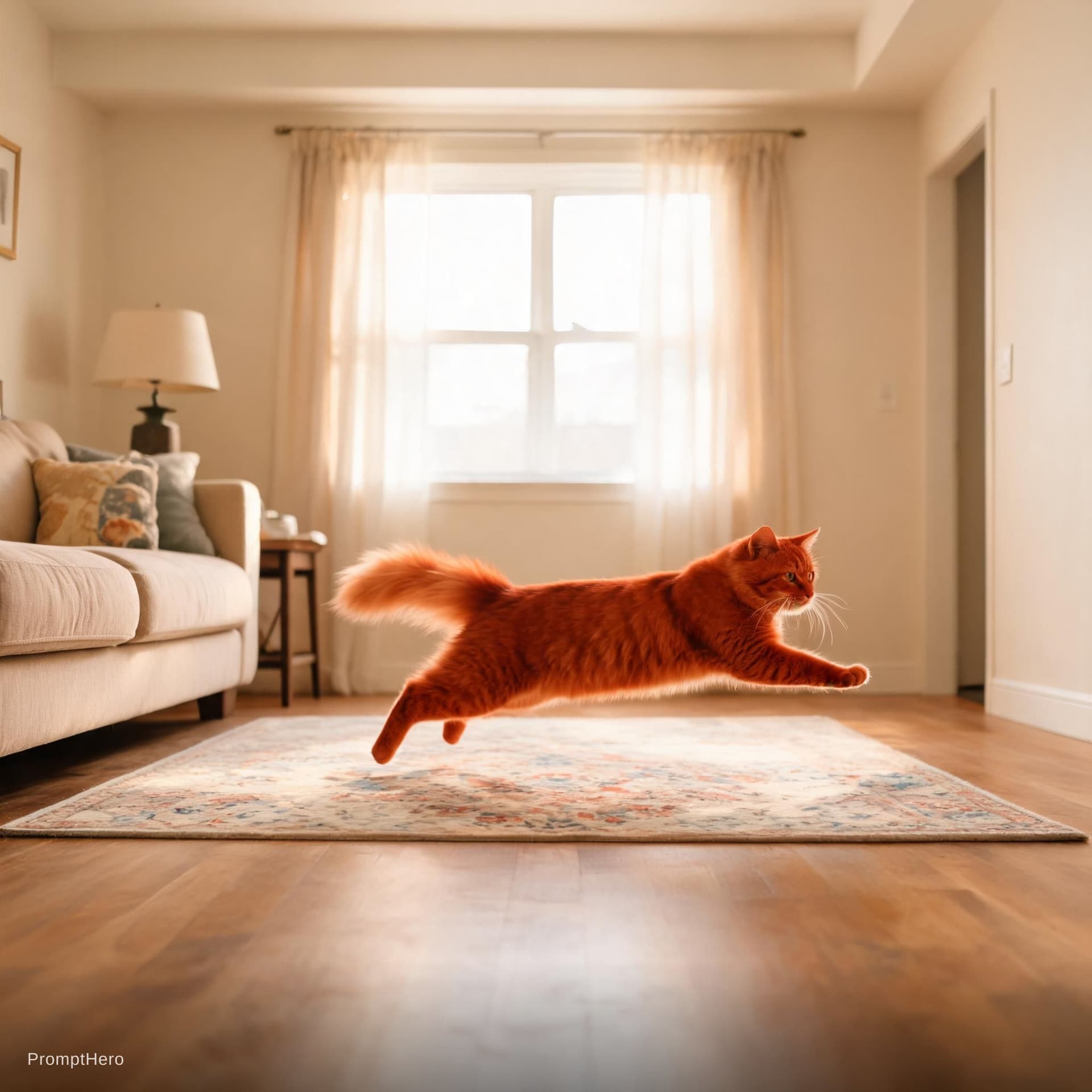 AI generated: Create a red cat running in a room 