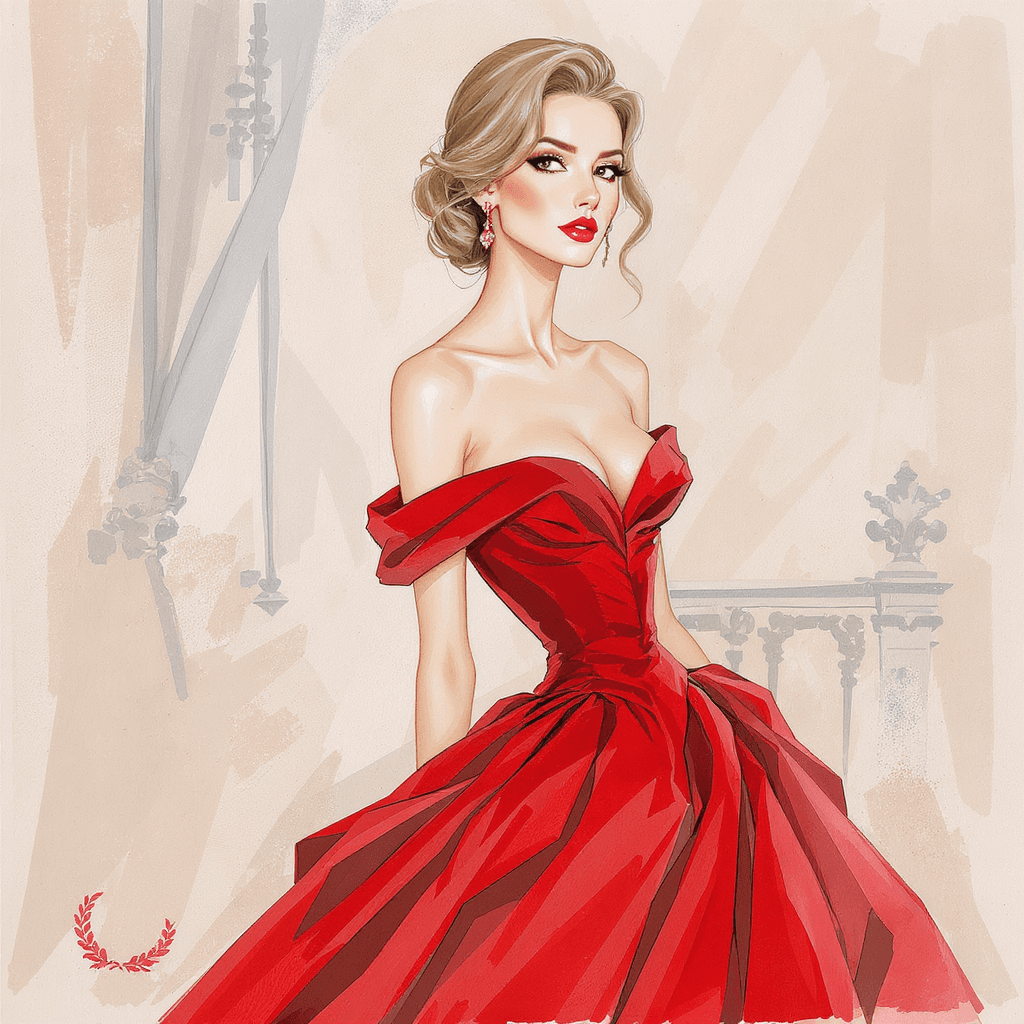 AI generated: Award winning fashion illustration of a stunning woman in a red dress. The dress is a bold and vibra...