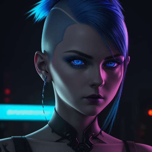 AI generated: she, blue eyes, shaved side haircut, hyper detail, cinematic lighting, magic neon, dark red city --a...