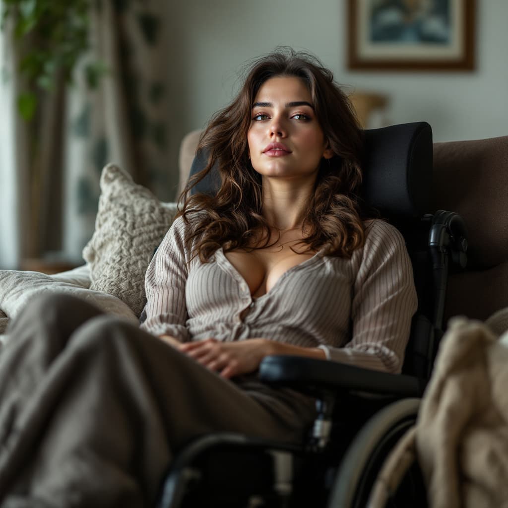AI generated: Full length Picture of a beautiful  quadriplegic woman propped up on a couch 