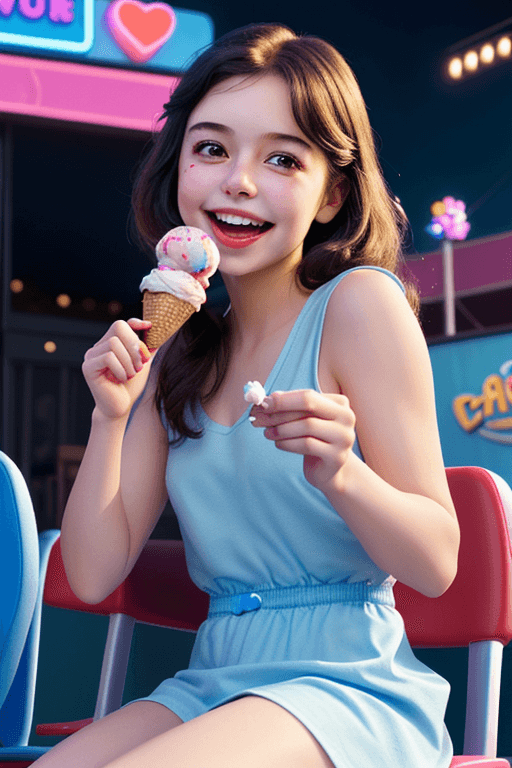AI generated: cute, adorable, smiling girl eating ice cream, candies flying all around her, Pixar, disney, cinema ...