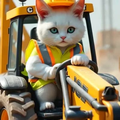 AI generated video: Cat driving giant JCB in Full speed 