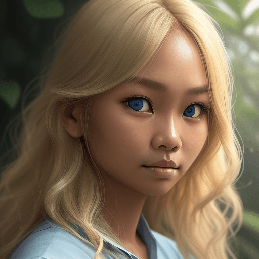AI generated: A close-up portrait of a Indonesian woman with blonde hair and blue eyes, facing the camera directly...