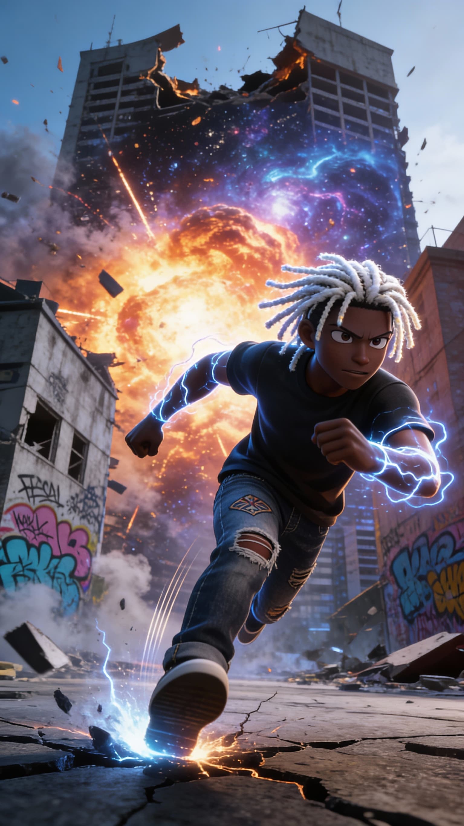 AI generated: A full body 3d illustrated black anime wearing a t-shirt and jeans with designer rips on them is run...