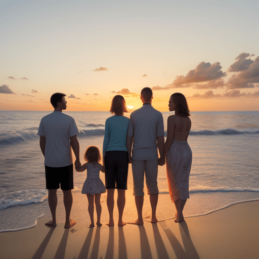 AI generated: the whole family on the beach with sunset