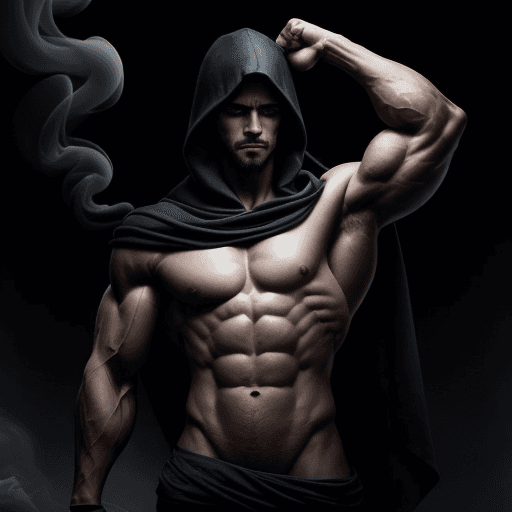 AI generated:  A stoic, bare-chested man standing in a triumphant pose, with one arm raised in victory. His muscul...
