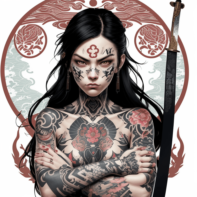 AI generated: This image is a digital illustration of a woman with tattoos on her skin, holding a sword with both ...