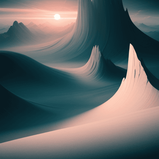 AI generated: image of a dreamy minimalist landscape, using abstract shapes, dramatic light, pale sunrise, battere...