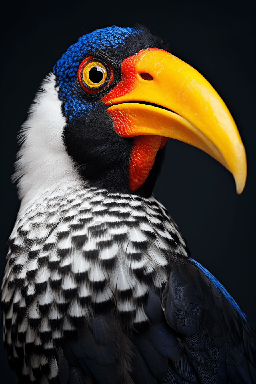 AI generated: Freeze the vibrant and exotic face of a toucan, focusing on the colorful beak and the curiosity in i...