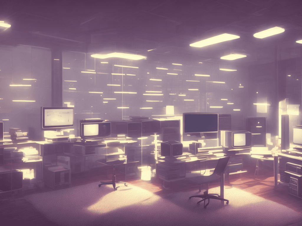 AI generated: A lofi styled background of room with warming lights. And theres computers which display a VSCode an...