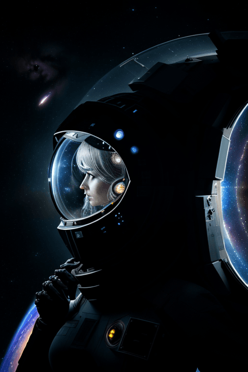 AI generated: full body 3/4 turn,head to toe image ,beautiful tired female Space pirate staying near porthole of s...
