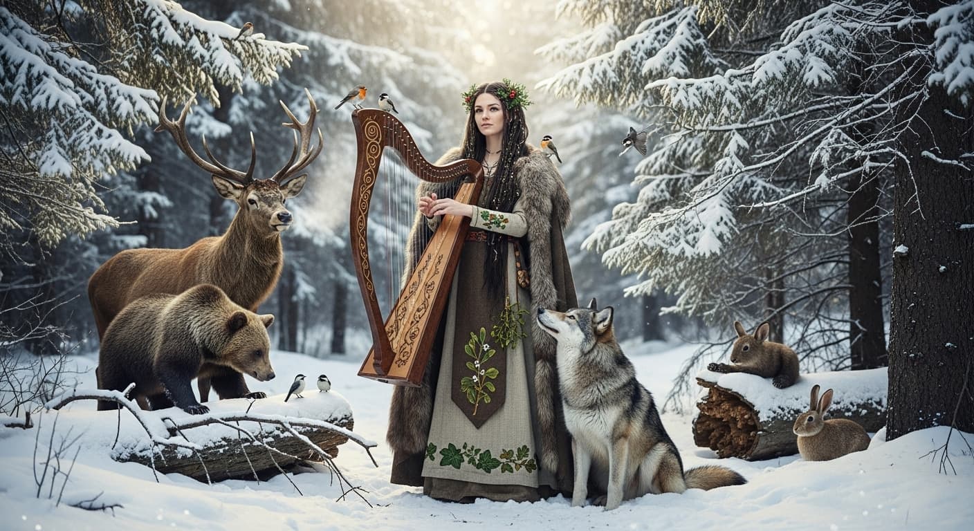 AI generated: A pagan female saint in a snowy forest with a harph and various animals.
