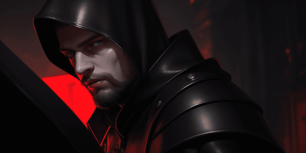 AI generated: Wide angle close-up of Slavic very young officer knight with small beard and no helmet wearing black...