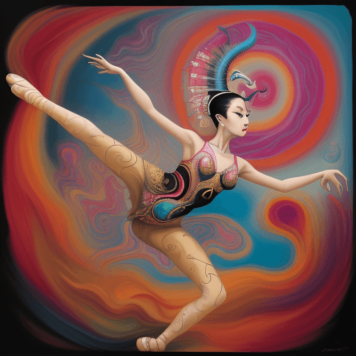 AI generated: surrealist painting of an Asian female ballet dancer, in the style of Salvador Dali, psychedelic, su...