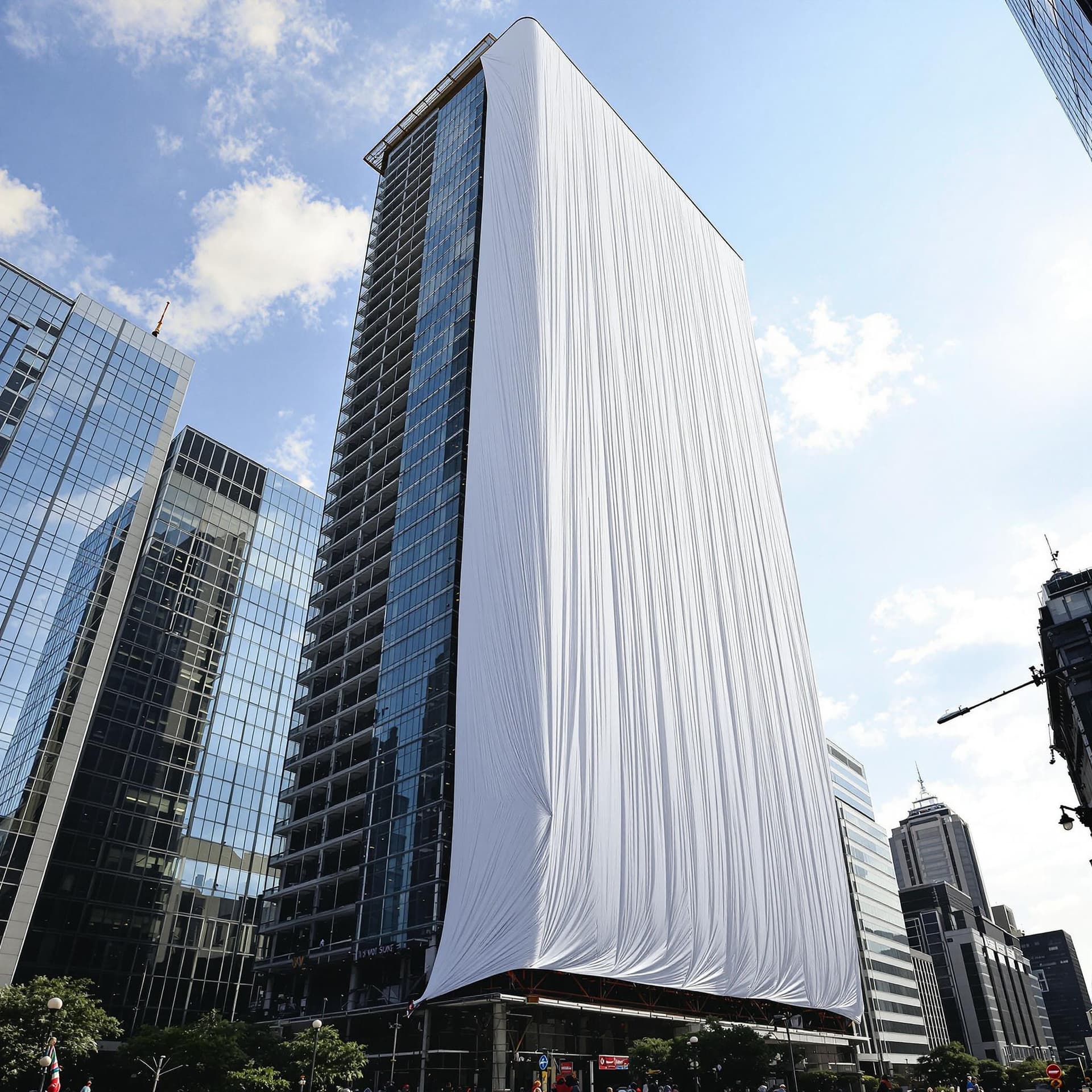 AI generated: A towering skyscraper with a massive white tarp covering only one side, smoothly draped and tightly ...