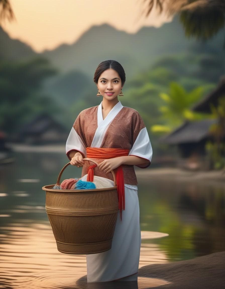 AI generated: a village girl wearing traditional Indonesian clothing, perfect body, carrying a small laundry baske...