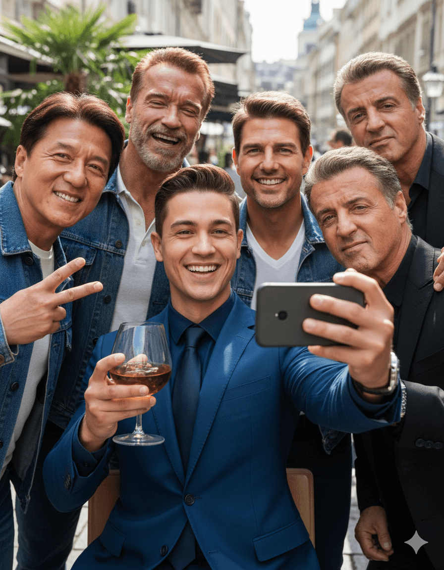 AI generated: "Photorealistic group selfie featuring [use uploaded image of the user] holding a glass with brandy....