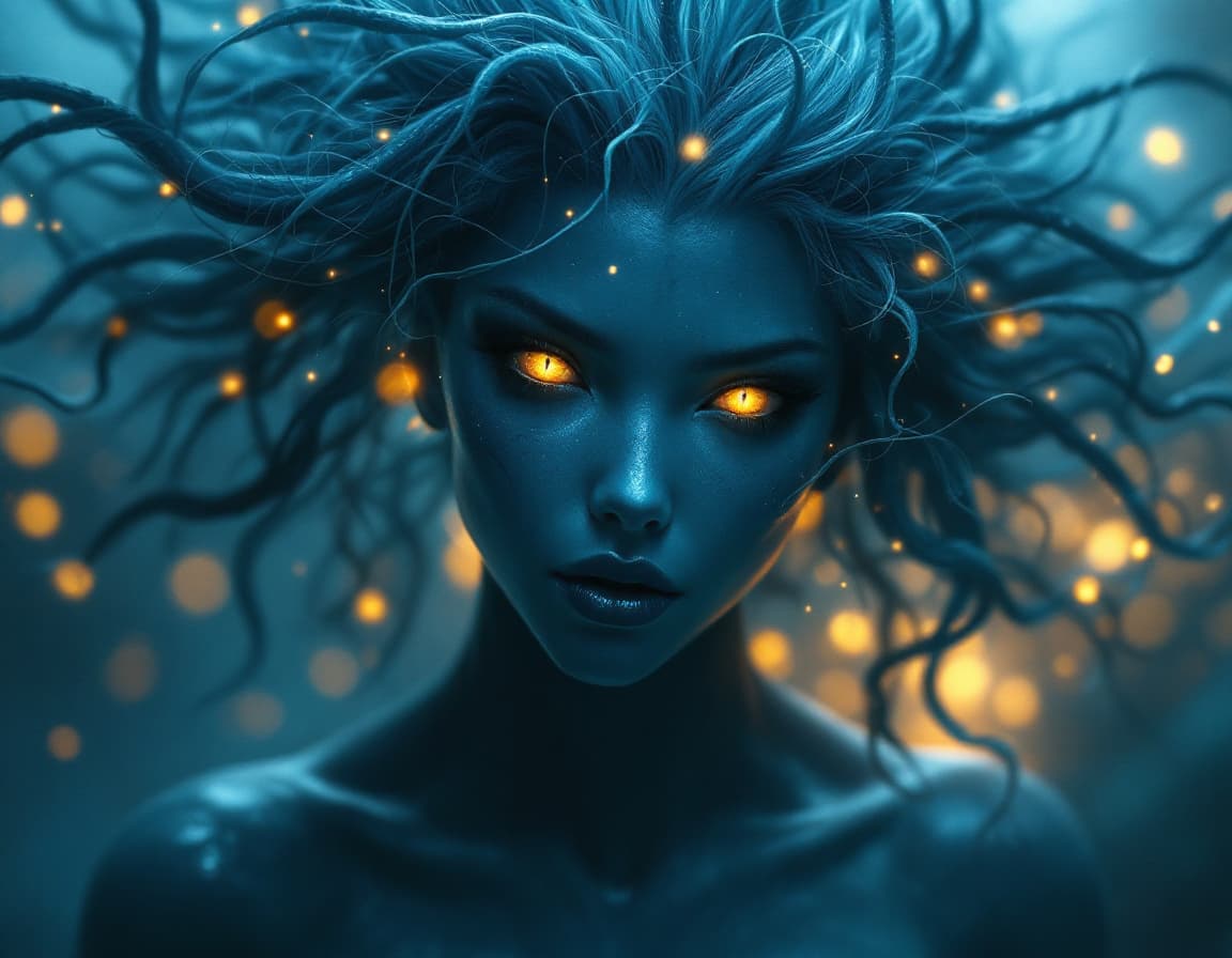AI generated: anthropomorphic fem incredible creature from the Mariana Trench, ultramarine hair and gold eyes, ult...