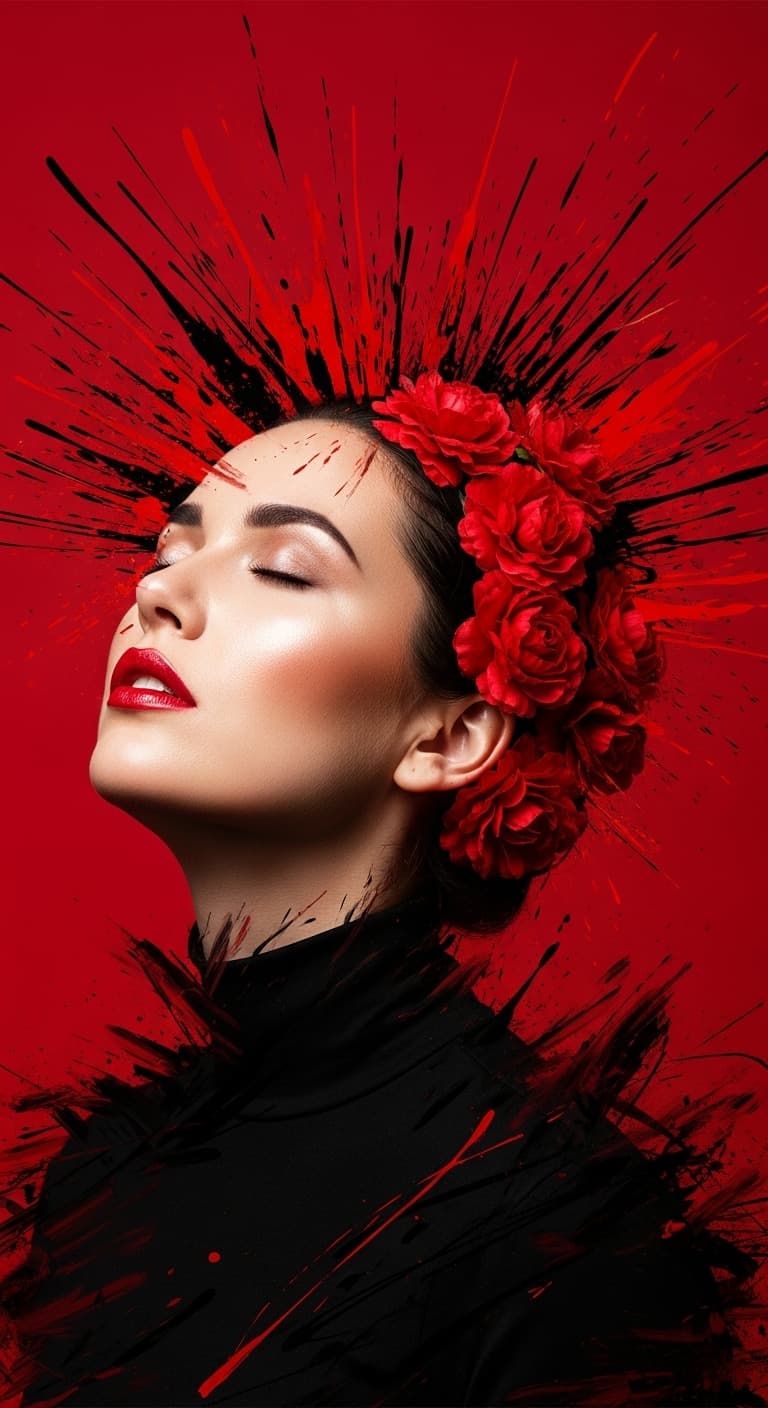 AI generated: A vibrant and abstract portrait of a woman with her eyes closed and head tilted slightly upwards, ag...