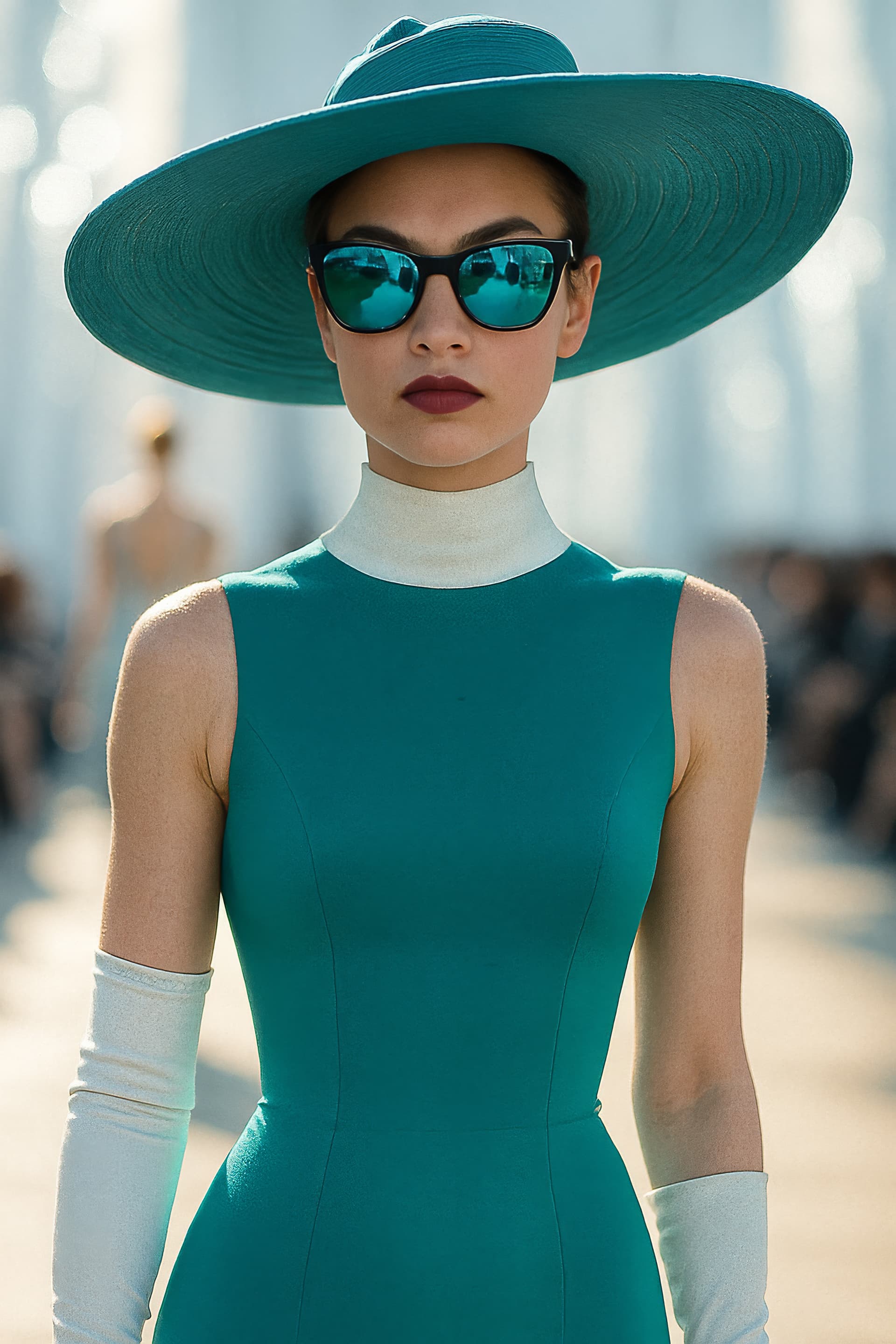 AI generated: {
  "scene": {
    "location": "fashion runway or high-end editorial set",
    "lighting": {
   ...