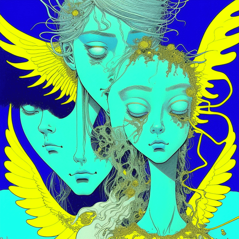 AI generated: whimiscal acid nightmare pshydelic lsd melted by moebius and frank miller blue girl with gold angel ...