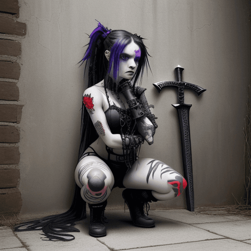 AI generated: a girl kneels down behind a wall holding a sword, in the style of cybergoth, red threads, midwest go...
