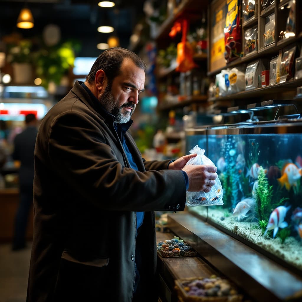 AI generated: 
create a picture where Tony Soprano from the TV series Tony Soprano in an aquarium store gives an a...