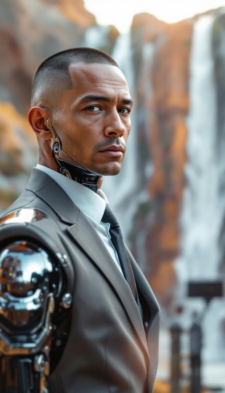 AI generated: An middle-aged man with a crew cut, wearing a suit and a beauty robot in the Northern Territory of A...