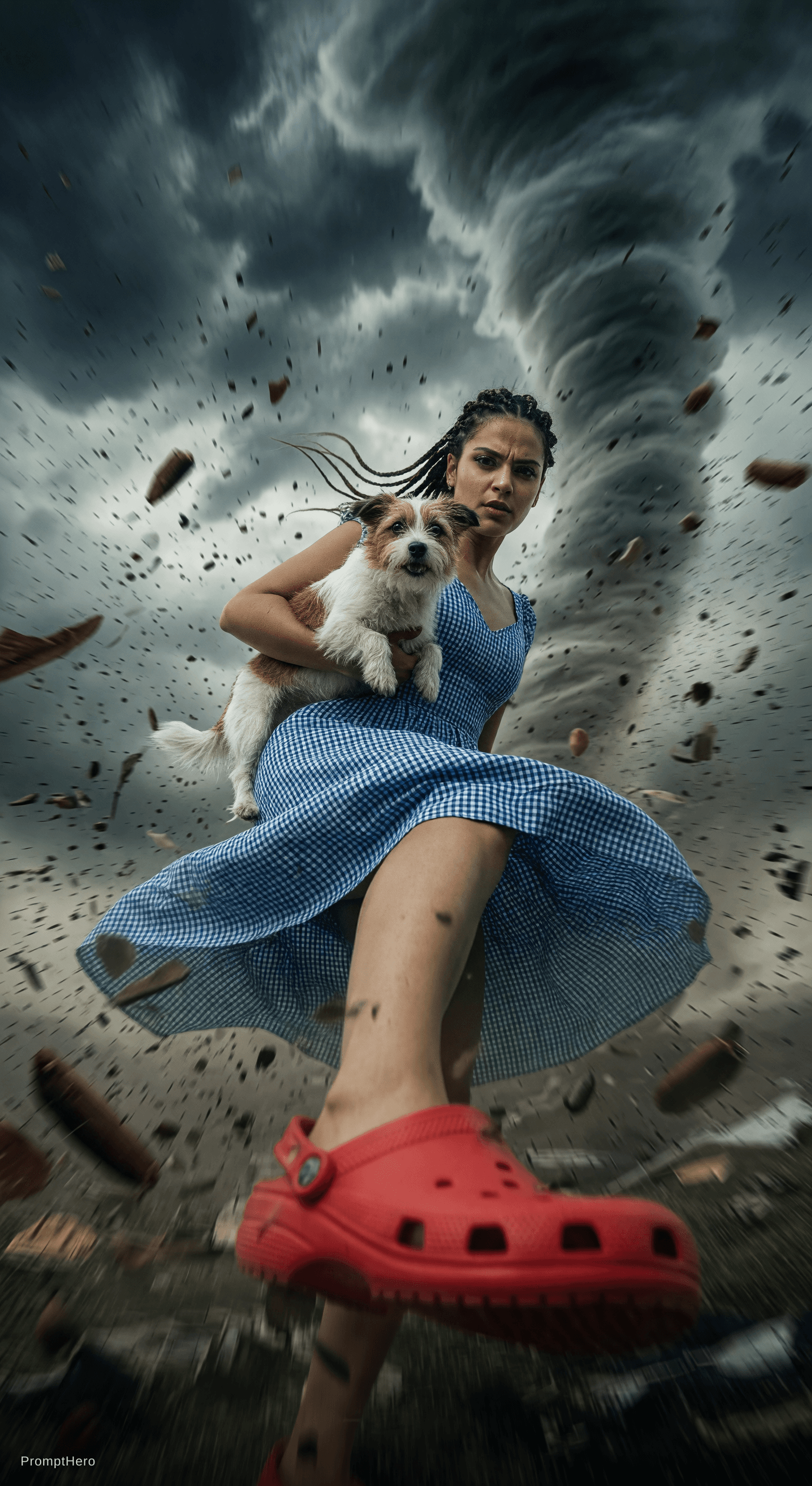 AI generated: {
  "scene": {
    "setting": "inside a swirling tornado",
    "mood": "dramatic and surreal",
    "...