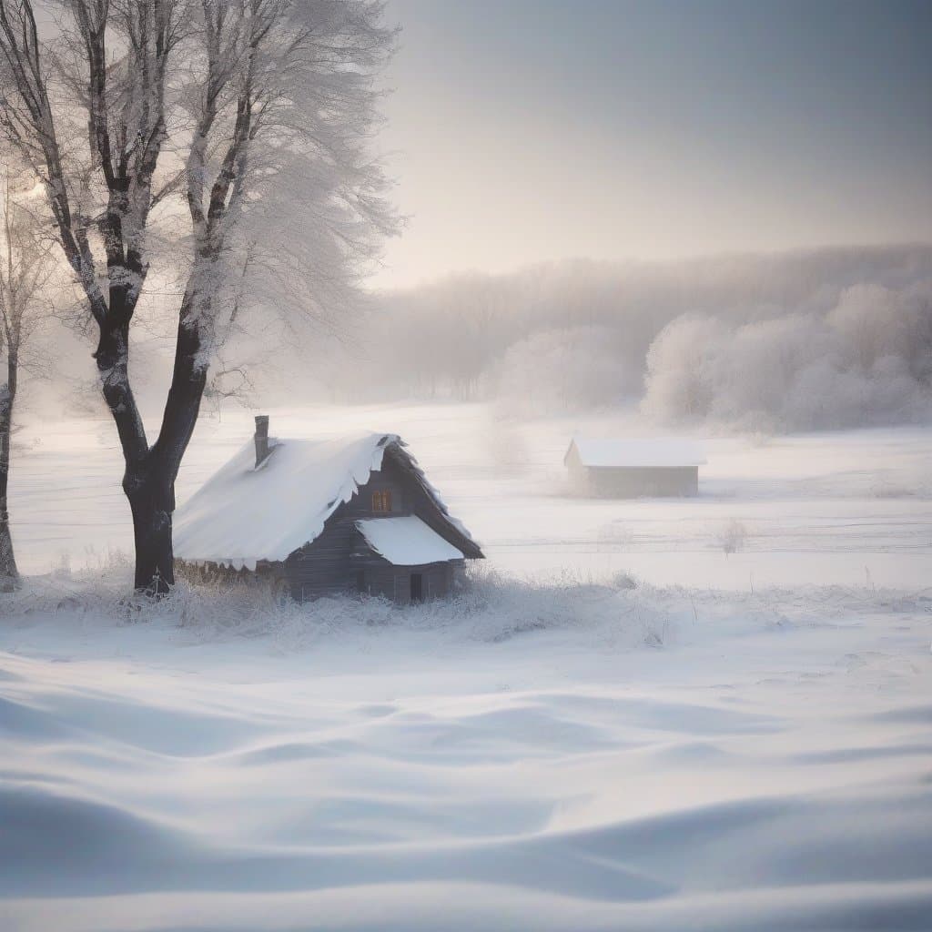 AI generated: Landscape. Cinematic photography. "White with snow early in the morning. White fields, trees and hou...