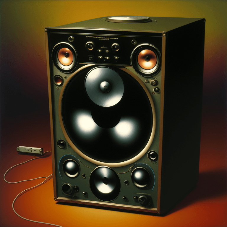 AI generated: music Album cover picture, surreal art, oil picture, speaker,  electronic, 1980