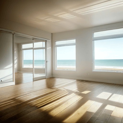 AI generated: Image of a completely empty room with a wood floor leading away from the viewer towards a open wide ...