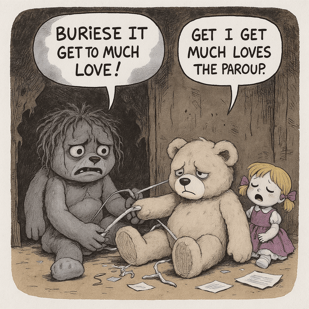 AI generated: poor teddy bear getting his arms pulled off by evil dolls because it get to much love from the playg...