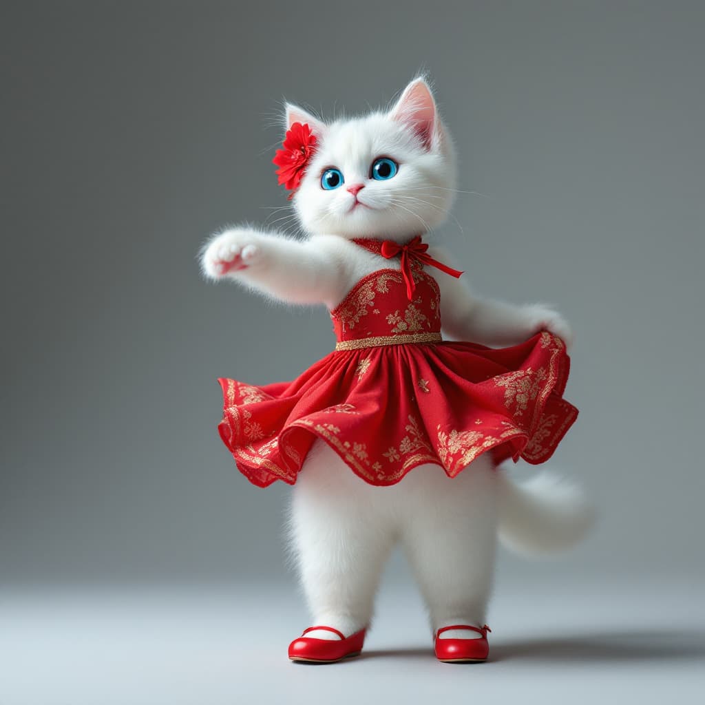 AI generated: A cat with white color  blue eyes  red flower on left ear red dress with red shoes. Stand on  two ba...