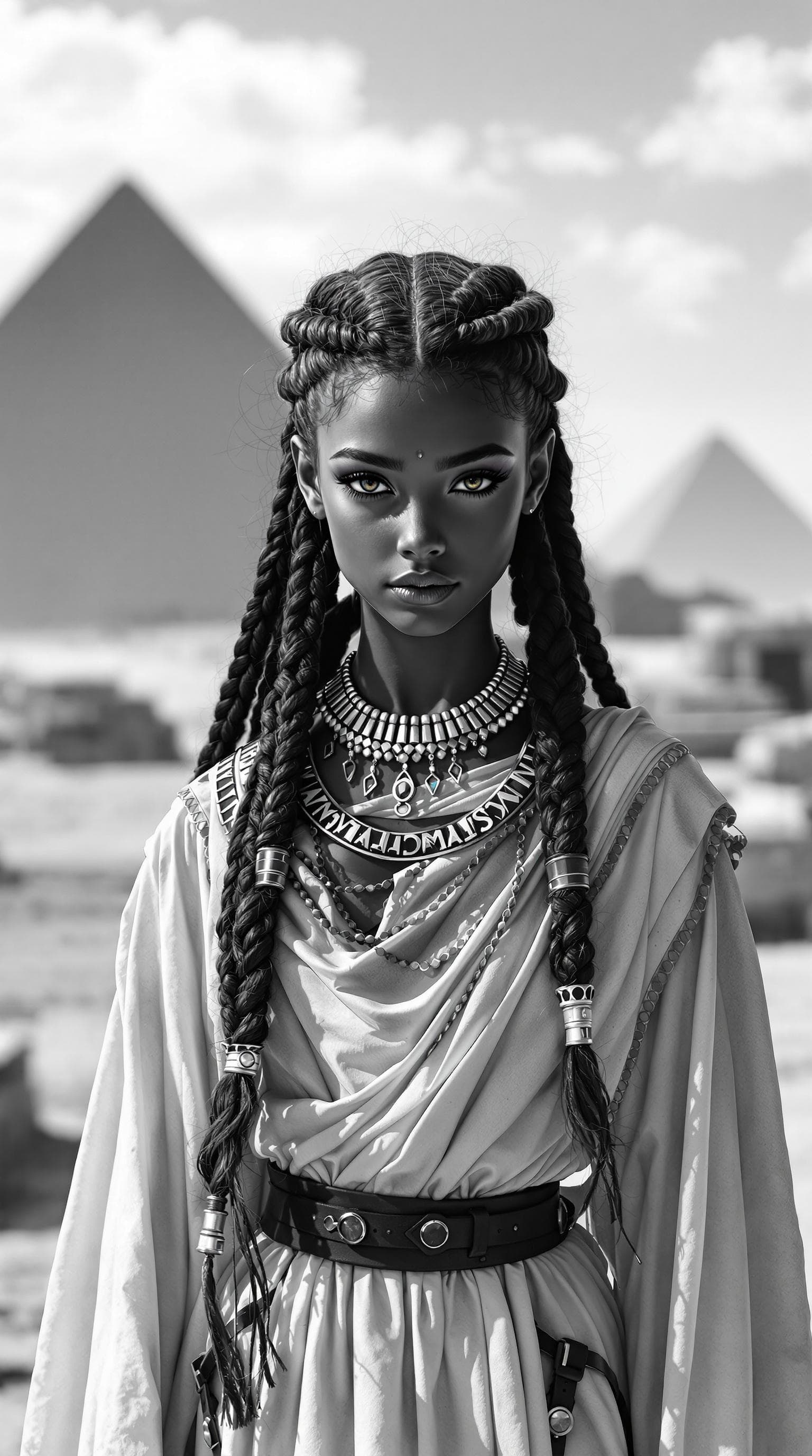 AI generated: a professional (aged black and white) photo of the most beautiful girl in the world, age 7, of Cleop...
