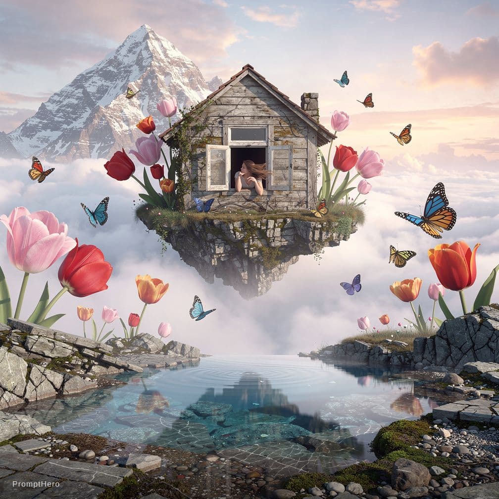AI generated: Surreal collage art, a person leans out of a small open window in a structure that appears to be flo...